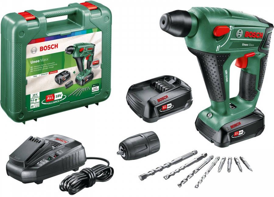 Bosch Uneo Maxx 18V Li Ion accu SDS Quick boorhamer set(2x 2, 5Ah accu)in koffer 0, 6J