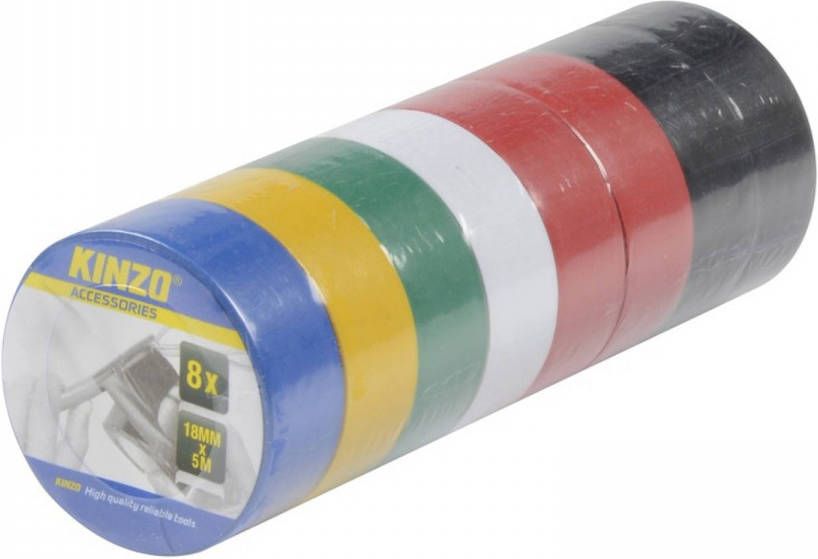 Kinzo 8x Gekleurde Rollen Isolatie Tape 18 Mm X 5 Meter Isolerende Tape
