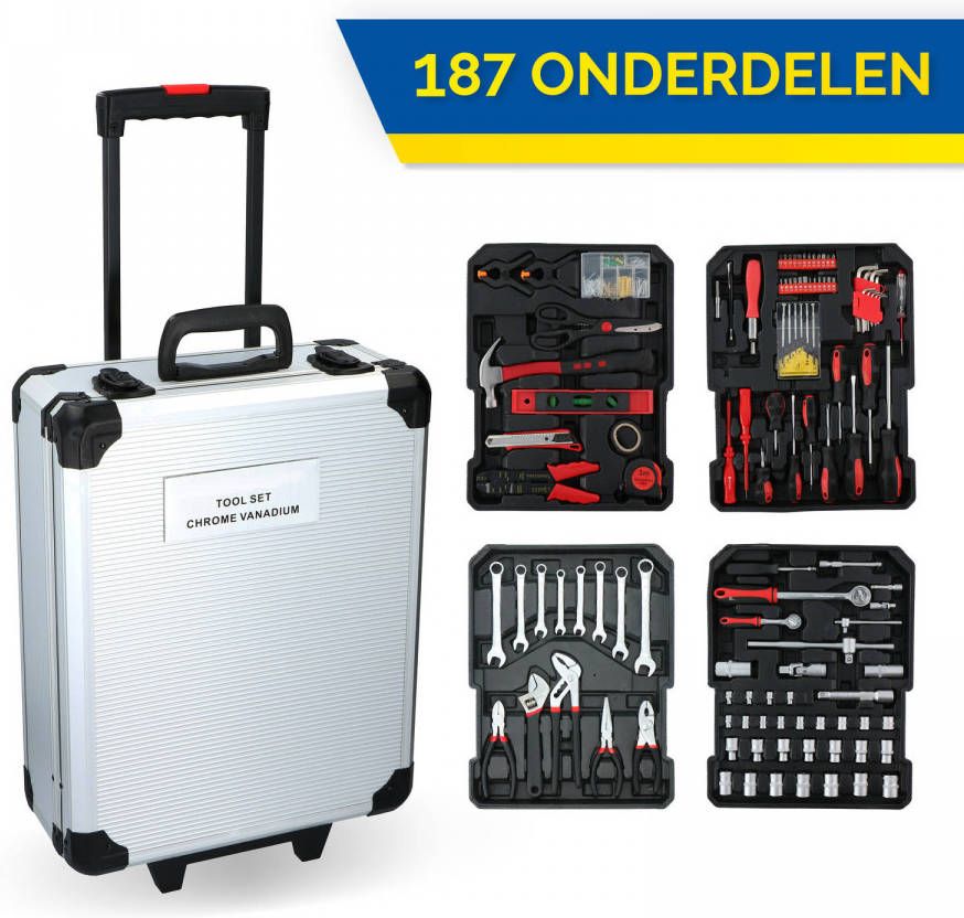 Kinzo Handgereedschapset 187 delig In Aluminium Rolkoffer Cr v staal