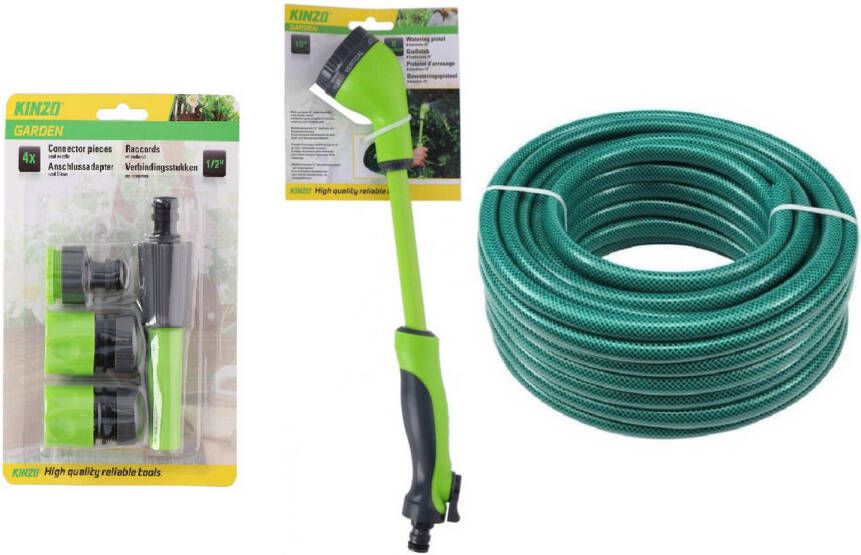 Kinzo Tuinslang 30 Meter Met Verlengbaar Broespistool 8 Standen En Sproeikop Met Verbindingsstukken 38 Cm Broeskoppen