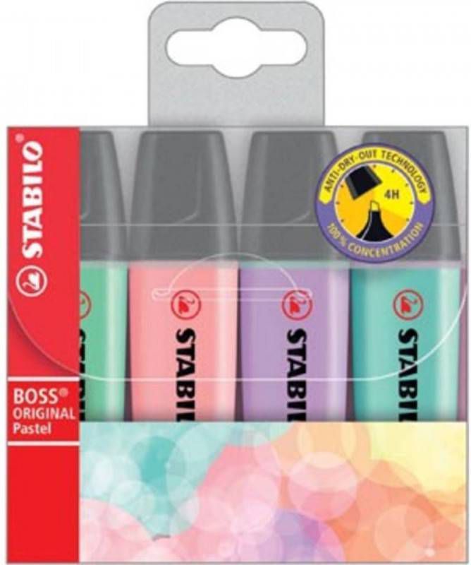 Stabilo Boss Original Markeerstift, Etui Met 4 Stuks In Geassorteerde Pastel Kleuren