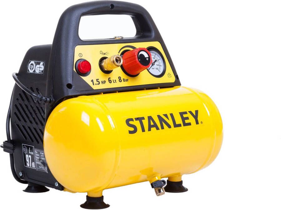 Stanley Compressor Dn200/8/6 Luchtcompressor 8 Bar 6l 180l/min Met Handvat En Anti slip Voeten Olievrij Geel