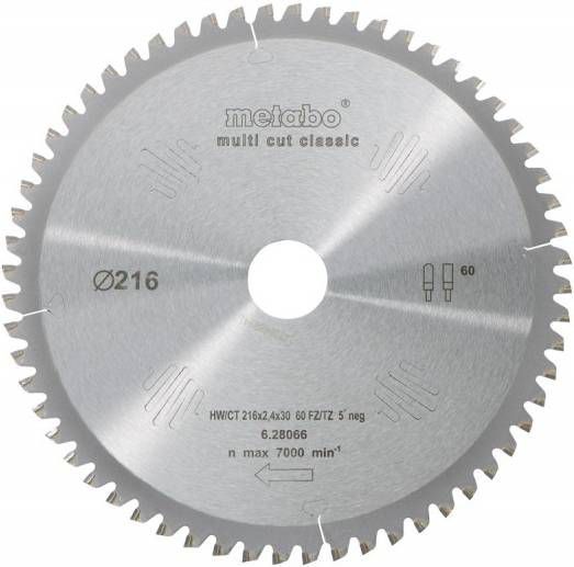 Metabo 628066000 Multi Cut Cirkelzaagblad 216 x 30 x 60T Hout/Epoxy/Aluminium/Kunststof