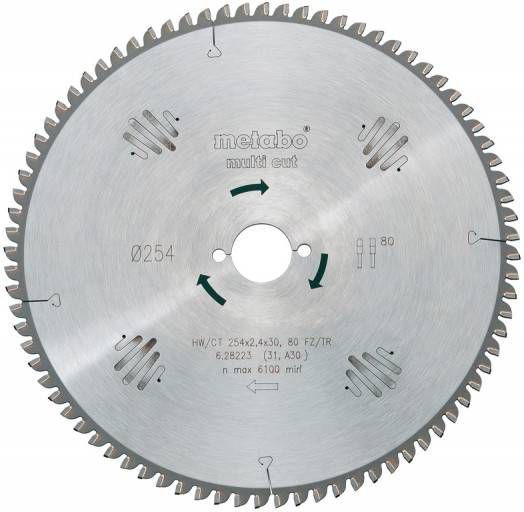 Metabo 628223000 Multi Cut Cirkelzaagblad 254 x 30 x 80T Hout/Epoxy/Aluminium/Kunststof