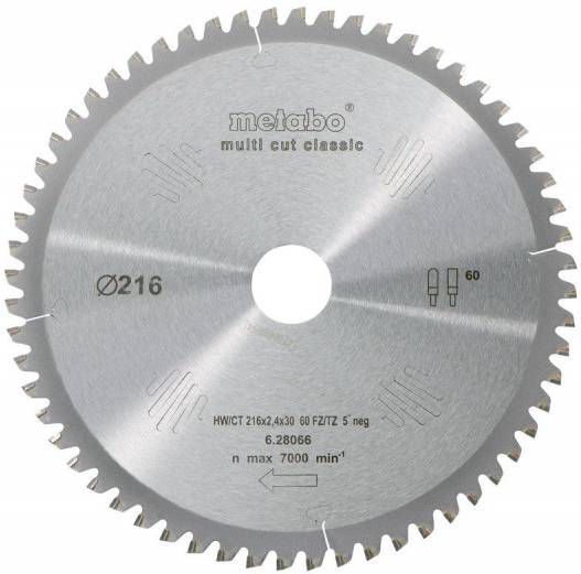 Metabo 628655000 Multi Cut Cirkelzaagblad 216 x 30 x 60T Laminaat/Kunststof/Aluminium