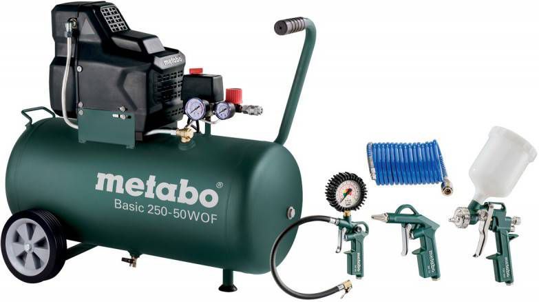 Metabo Basic 250 50 W OF Set Compressor + LPZ 4 toebehorenset 1500W 8 bar 50L 100 l/min