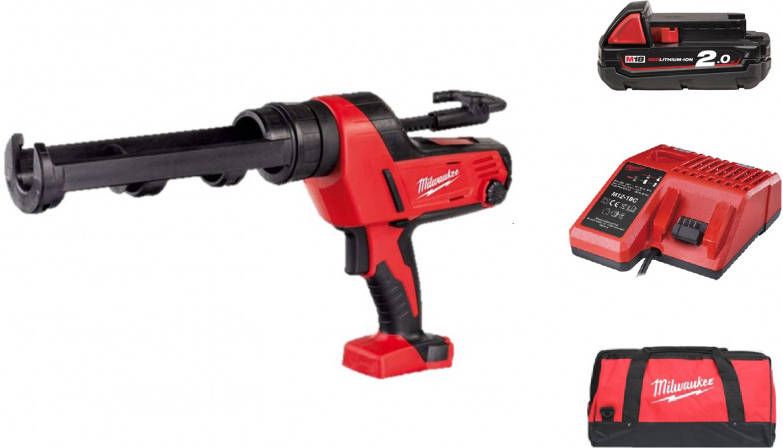 Milwaukee C18 PCG/310C 201B 18V Li Ion Accu lijm en kitspuit set(1x 2.0Ah accu)incl. kokerhouder in tas