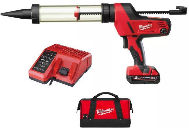Milwaukee C18 PCG/400T 201B 18V Li Ion Accu lijm en kitspuit set(1x 2.0Ah accu)incl. worsthouder in tas