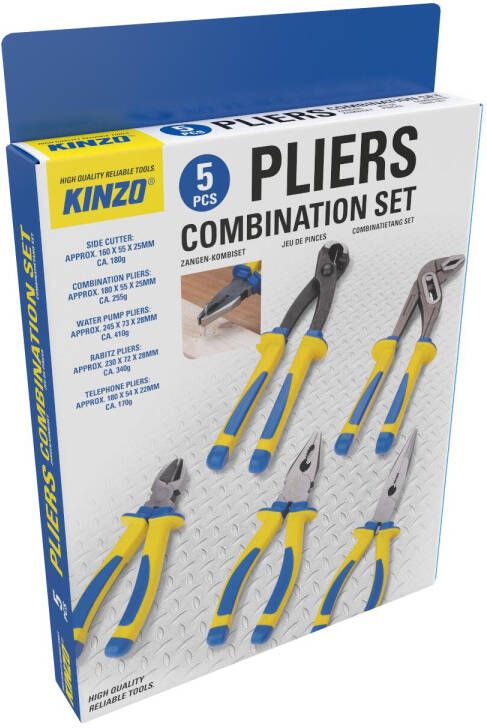 Kinzo Tangenset 5 delig Set Kniptang, Punttang, Knijptang, Waterpomptang