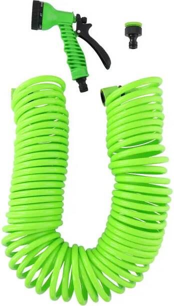 Kinzo Flexibele Tuinslag 15 Meter Incl. Sproeikop En Snelkoppeling Spiraalslang Uv bestendig Groen